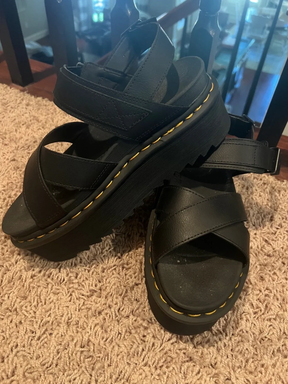 Dr. Martens Black Crisscross Platform Sandals with Yellow Stitching - Picture 2 of 4